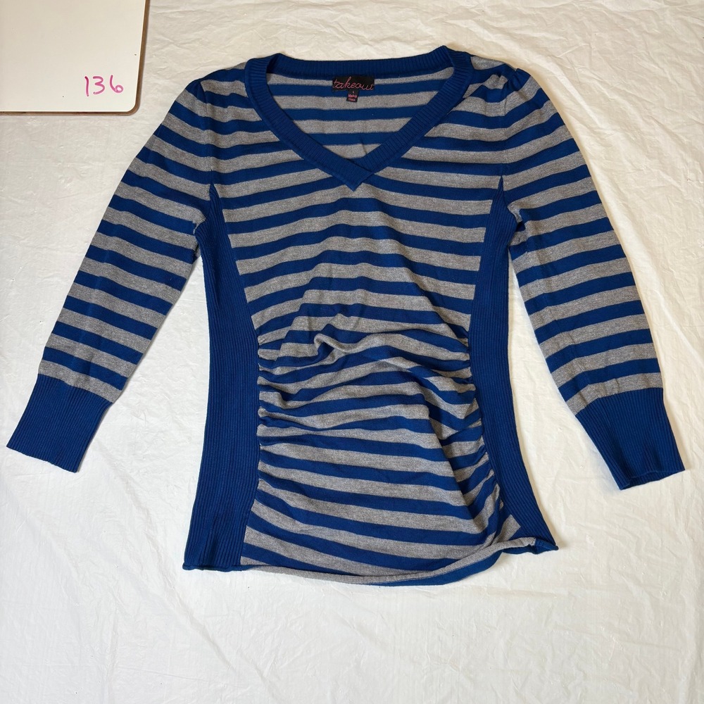 Takeout Striped V‎ Neck Long Sleeve Side Ruched Sweater Blue Gray Women's S Y2K